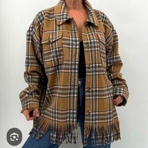 Boho Chic Shacket Jacket Shirt Fringed Plaid Tan Black Blue Brown Button M